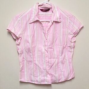 Vintage SO Pink, White, and Green Stripe Short Sleeve Button Down Top